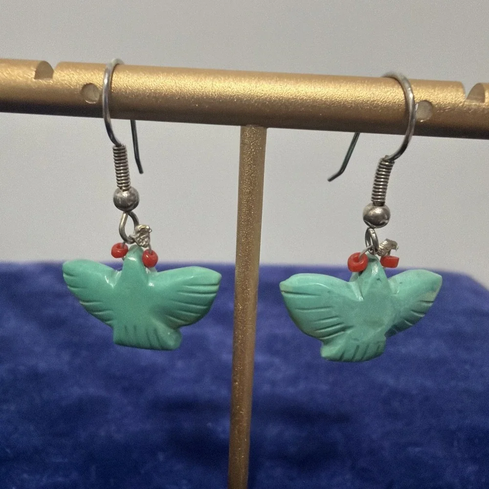 Carved Turquoise Eagle Native Fetish Earrings Fashion Jewelry Dangle Hook